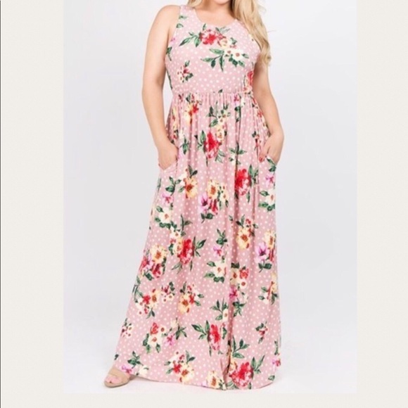 Floral Print Polka Dot Pocket Maxi Dress 1X 2X 3X - Picture 3 of 8